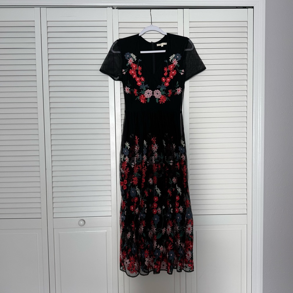 Maje Maxi Dress with Floral Embroidery Boho Whimsigoth Wedding Guest Sz 1